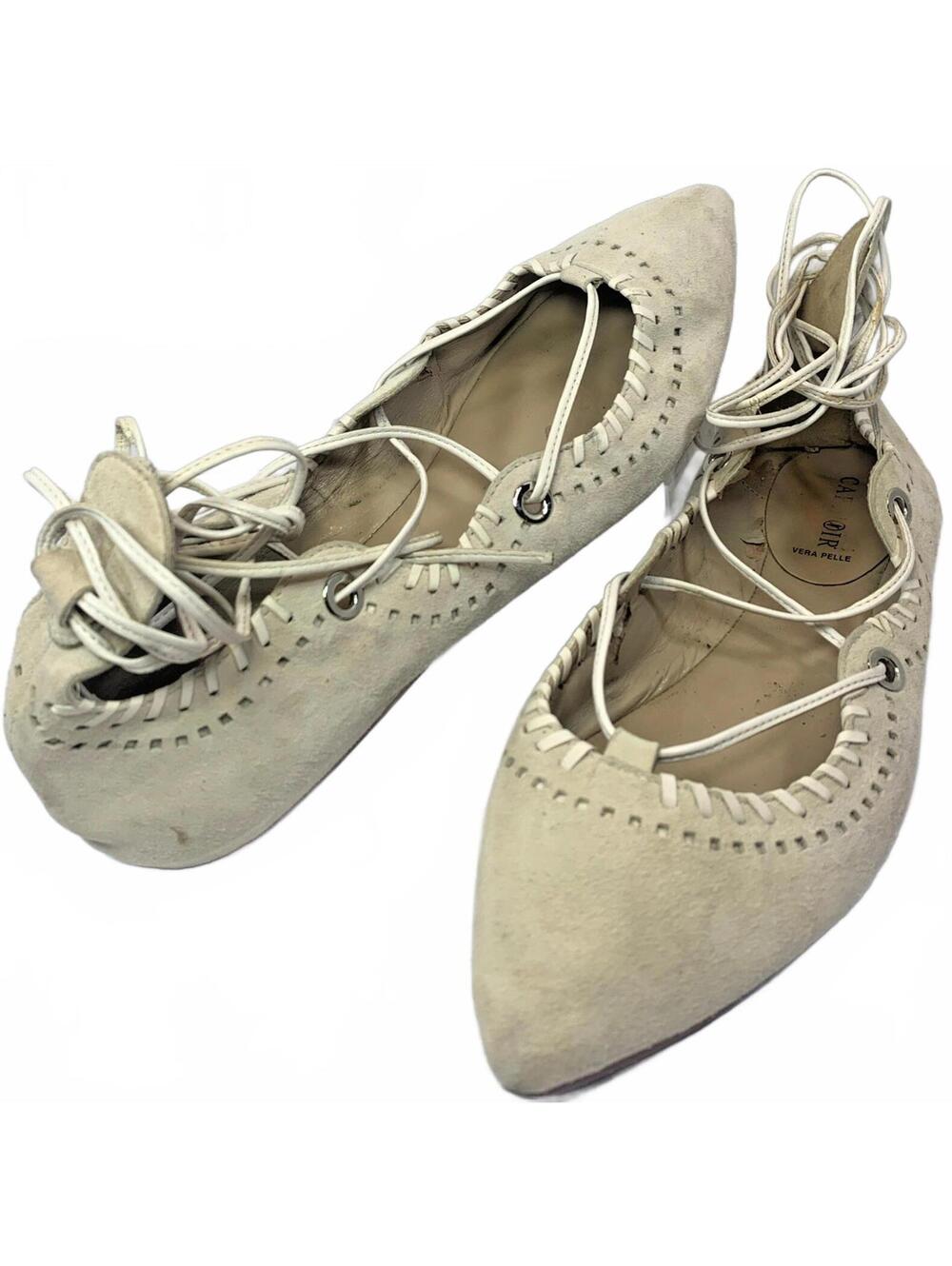 Vera Pelle Cafe Noir Strappy Gladator Flat Shoes Size 40/9.5 Ivory Suede Upper